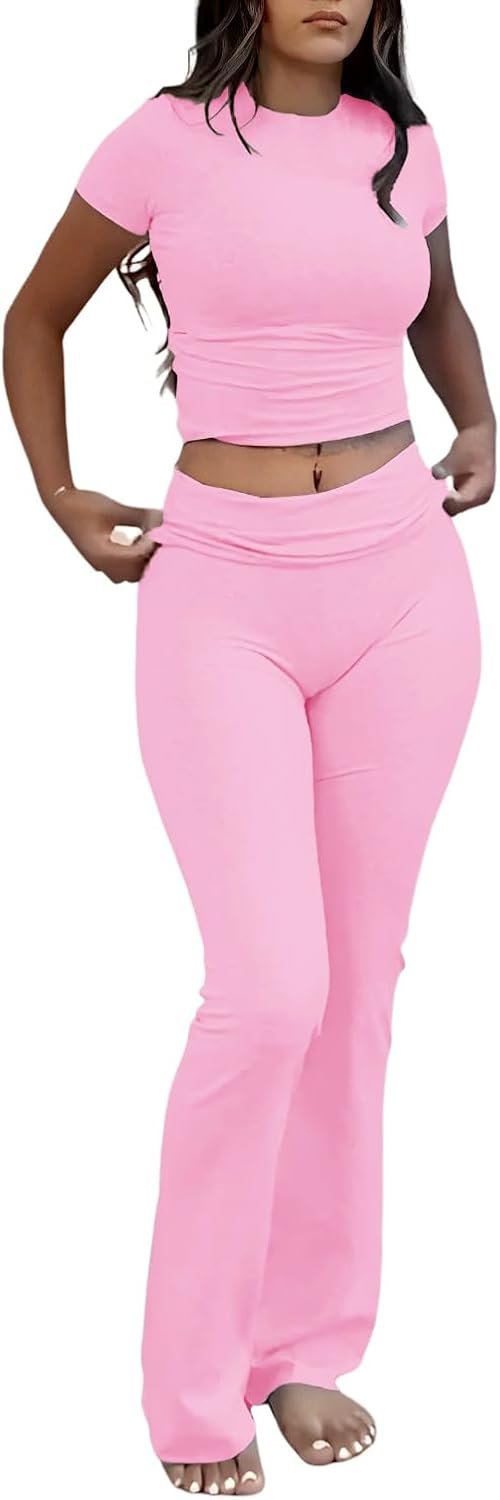 Women's 2 Piece Lounge Outfits Slim Short Sleeve Tops Low Rise Flare Leggings Sets Yoga Sweatsuit