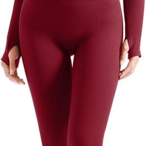 Women 2 Piece Seamless Ribbed Workout Sets With Zip Up Jacket High Waisted Gym Yoga Leggings