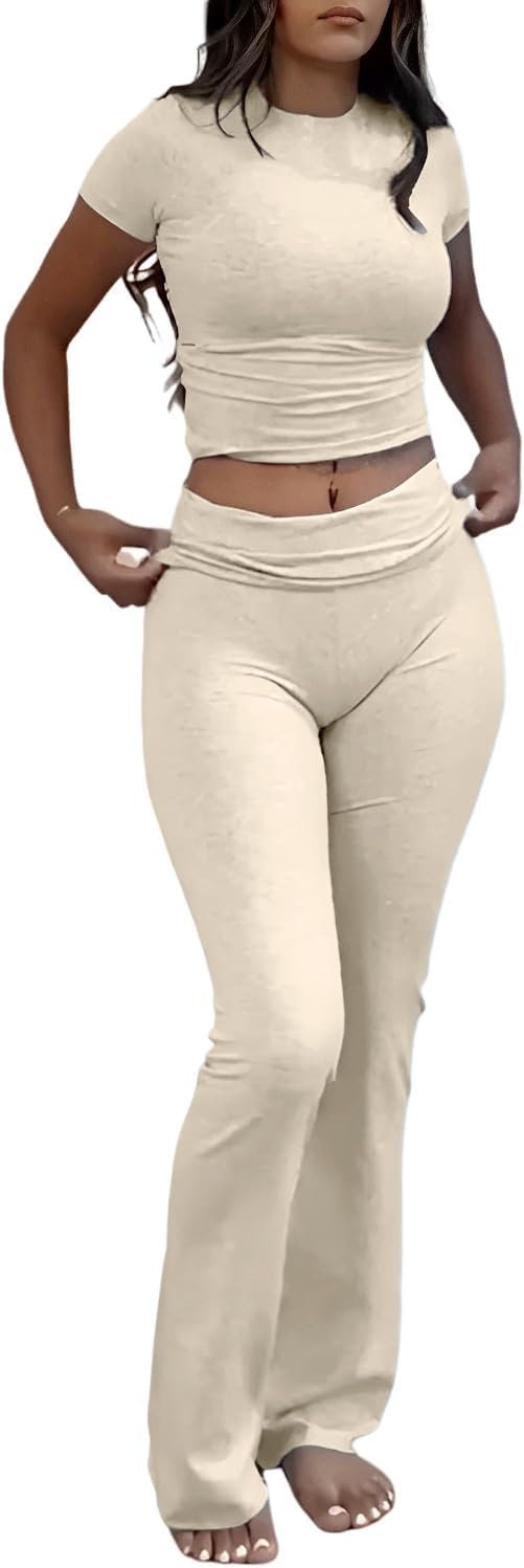 Women's 2 Piece Lounge Outfits Slim Short Sleeve Tops Low Rise Flare Leggings Sets Yoga Sweatsuit