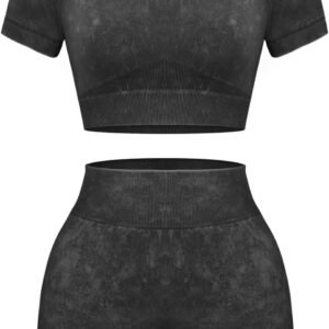 Women's Workout Sets 2 Piece - Seamless Acid Wash Yoga Outfits Shorts and Crop Top Matching Gym Athletic Clothing Set