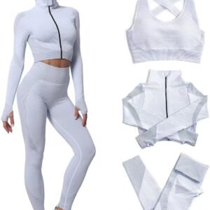 Women's 3pcs Seamless Workout Outfits Sets, Yoga Sportswear Tracksuit Leggings and Stretch Sports Bra Fitness