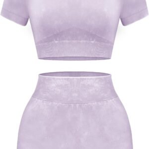 Women's Workout Sets 2 Piece - Seamless Acid Wash Yoga Outfits Shorts and Crop Top Matching Gym Athletic Clothing Set