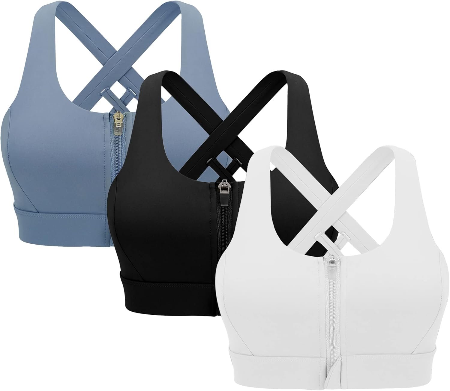 Zipper in Front Sports Bra High Impact Strappy Back Support Workout Top