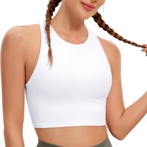 Racerback High Neck Longline Sports Bras for Women - Padded Workout Crop Tank Tops with Built in Pads