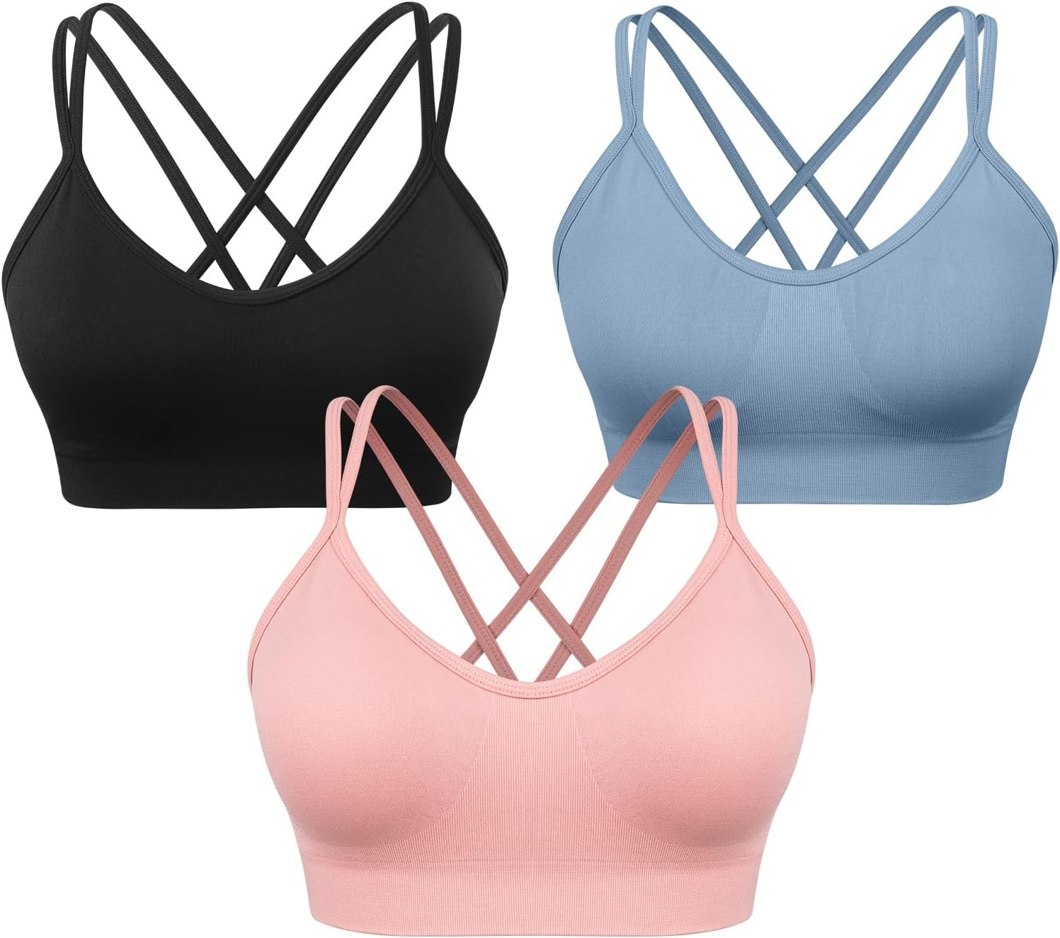 Women's Cross Back Sports Bra Padded Strappy Medium Support Yoga Bra for Workout Fitness 3 Pack