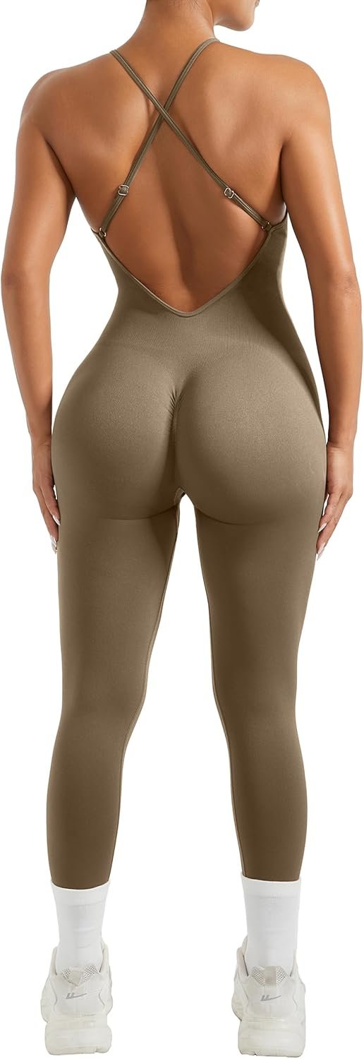 Women Strappy Backless One Piece Jumpsuits Tummy Control Padded Workout Rompers