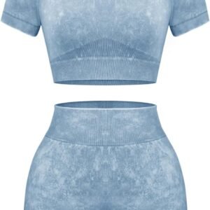 Women's Workout Sets 2 Piece - Seamless Acid Wash Yoga Outfits Shorts and Crop Top Matching Gym Athletic Clothing Set