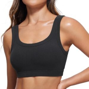 Ribbed Sports Bras for Women - U Back Wireless Medium Impact Padded Yoga Workout Cami