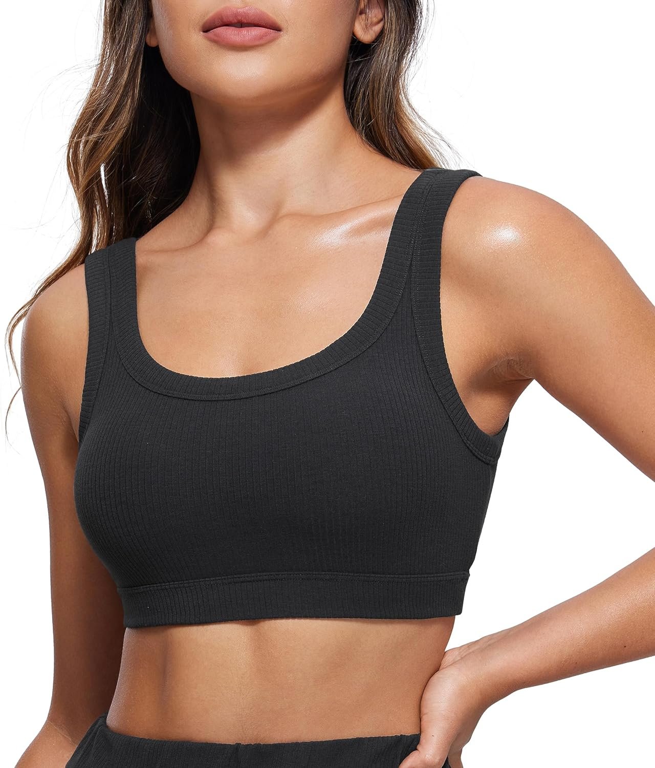 Ribbed Sports Bras for Women - U Back Wireless Medium Impact Padded Yoga Workout Cami